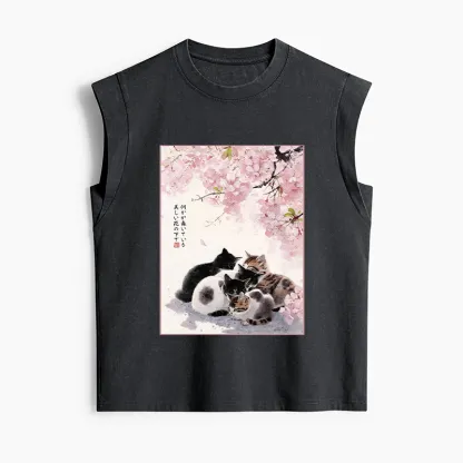 Tokyo-Tiger Cute Cats Sakura Garden Women's Washed Tank Tops