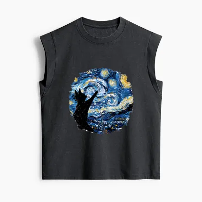 Tokyo-Tiger Starry Night Black Cat Women's Washed Tank Tops