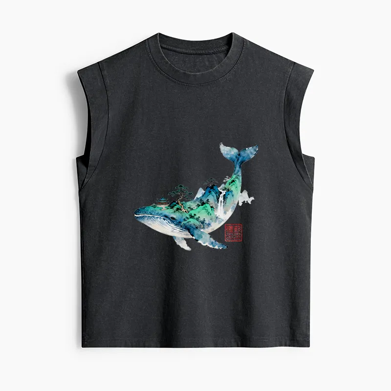 Tokyo-Tiger Whale Ink Painting Landscape Women's Washed Tank Tops