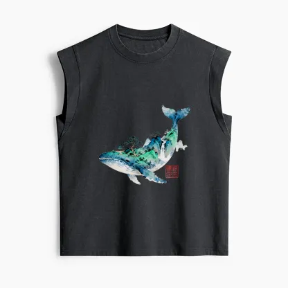 Tokyo-Tiger Whale Ink Painting Landscape Women's Washed Tank Tops