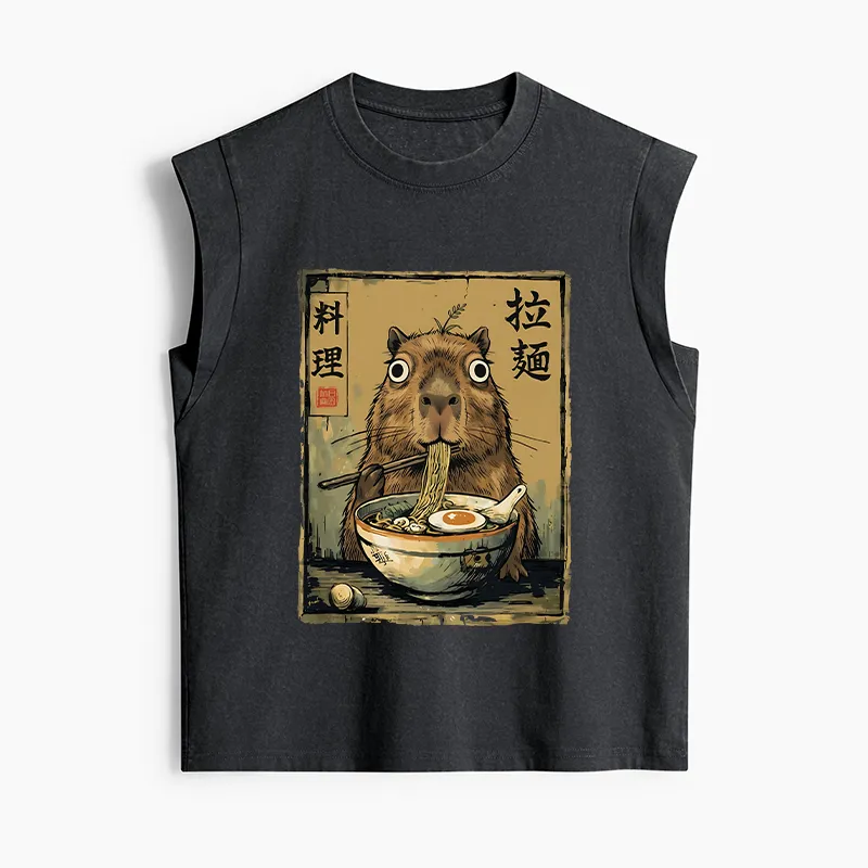 Tokyo-Tiger Cute Capybara Eating Ramen Women's Washed Tank Tops