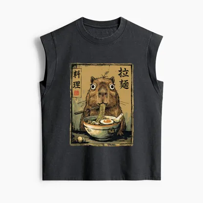 Tokyo-Tiger Cute Capybara Eating Ramen Women's Washed Tank Tops