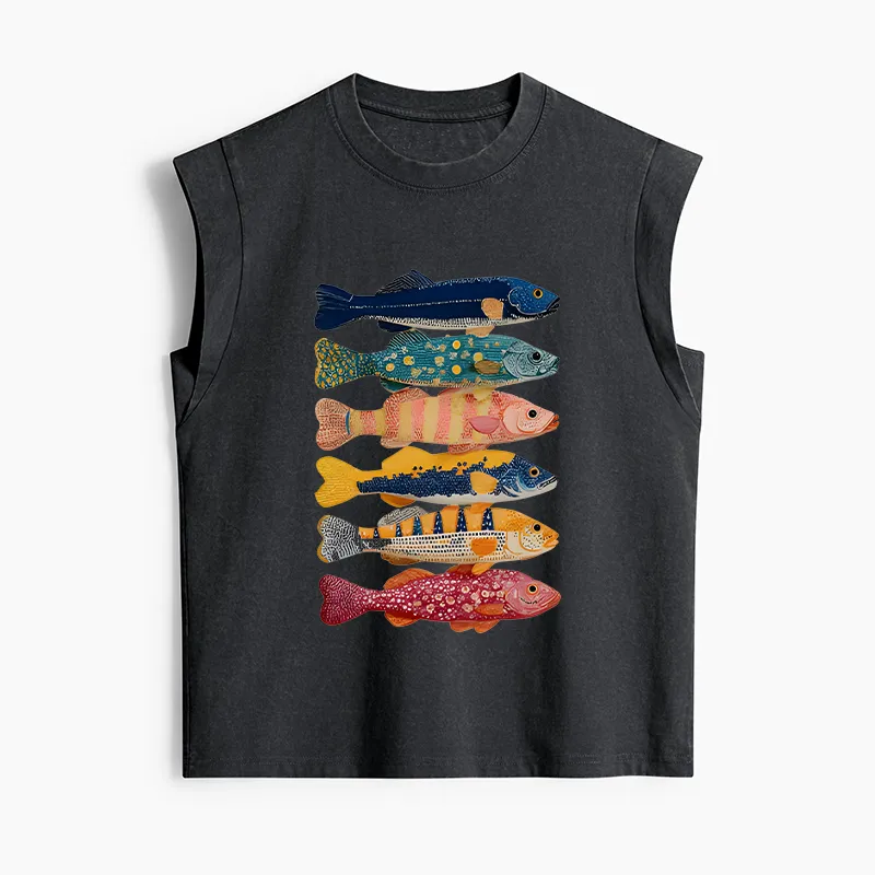 Tokyo-Tiger Colorful Fish Art Collection Women's Washed Tank Tops