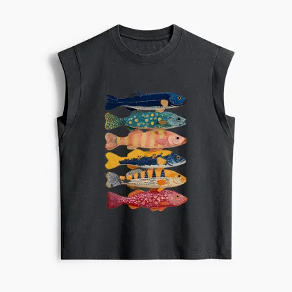 Tokyo-Tiger Colorful Fish Art Collection Women's Washed Tank Tops