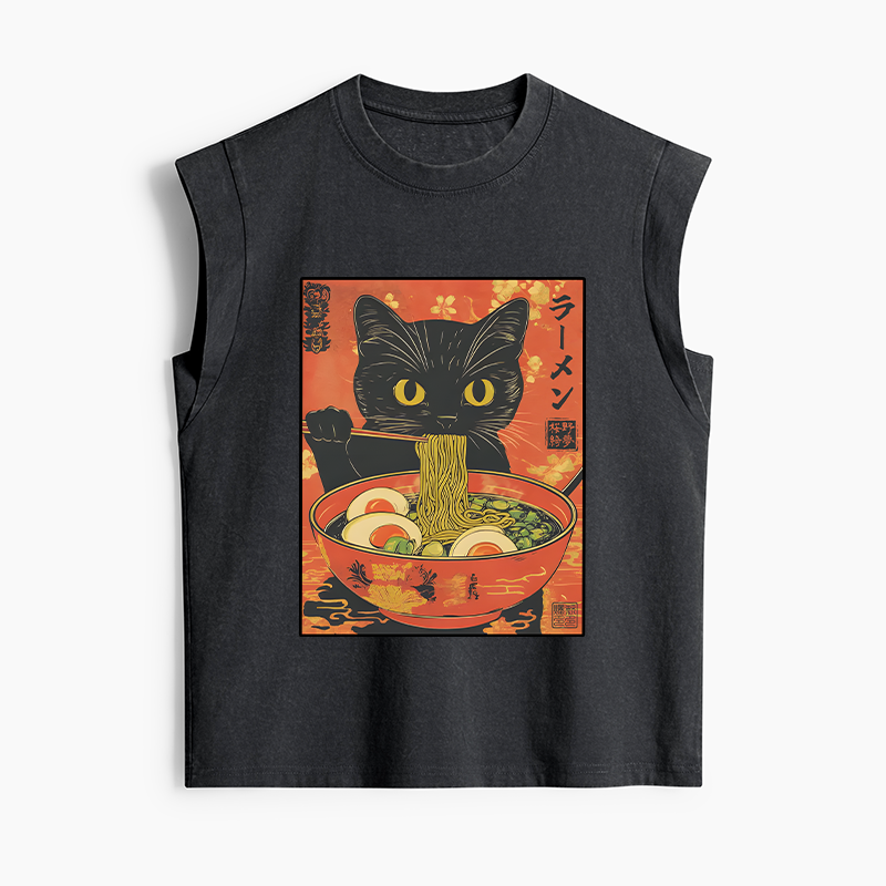 Tokyo-Tiger Hungry Black Cat Loves Ramen Women's Washed Tank Tops