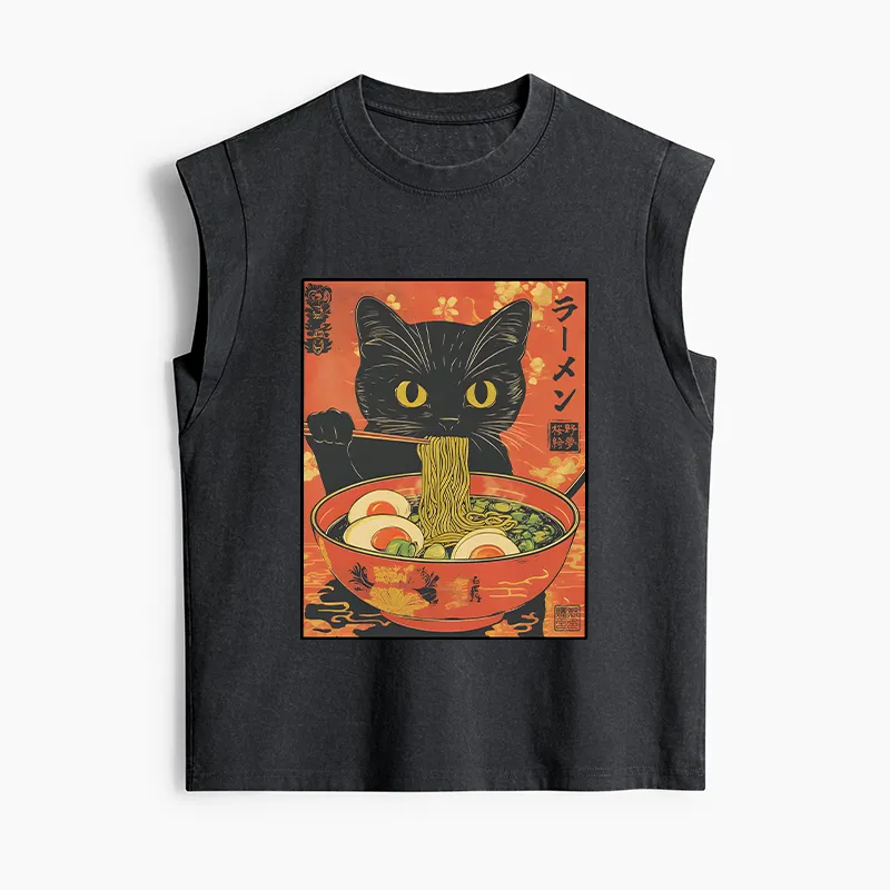 Tokyo-Tiger Hungry Black Cat Loves Ramen Women's Washed Tank Tops