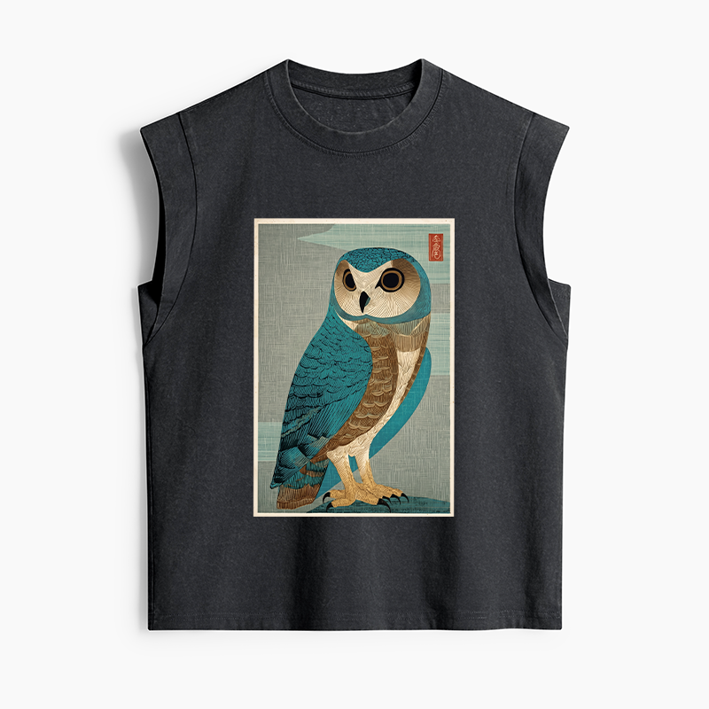 Tokyo-Tiger Vintage Owl Woodblock Art Women's Washed Tank Tops
