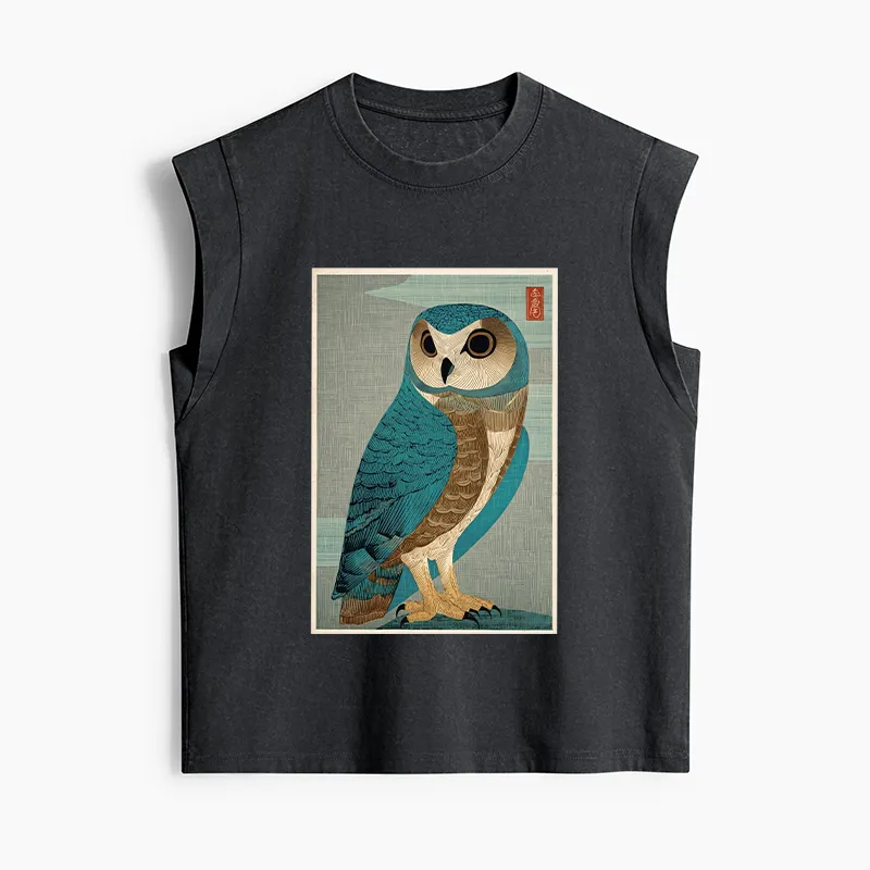 Tokyo-Tiger Vintage Owl Woodblock Art Women's Washed Tank Tops