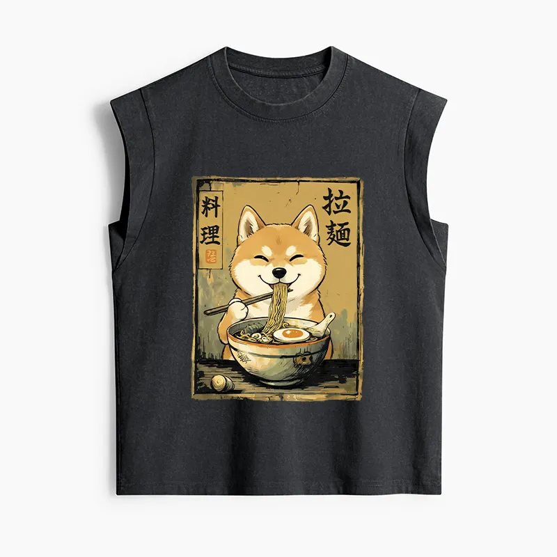 Tokyo-Tiger Happy Shiba Eating Ramen Women's Washed Tank Tops