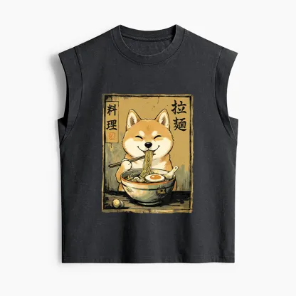 Tokyo-Tiger Happy Shiba Eating Ramen Women's Washed Tank Tops