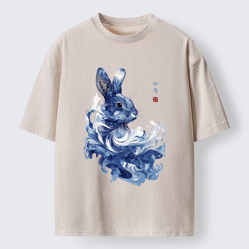 Tokyo-Tiger Blue And White Rabbit Art Washed T-Shirt