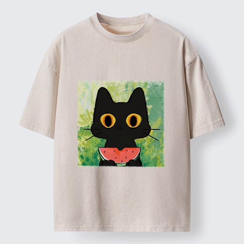 Tokyo-Tiger Black Cat Loves Watermelon Washed T-Shirt