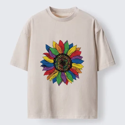 Tokyo-Tiger Rainbow Sunflower Pride Art Washed T-Shirt
