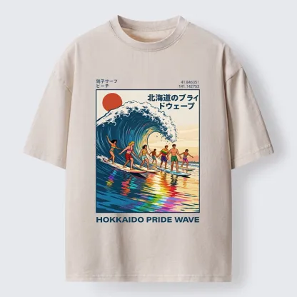 Tokyo-Tiger Hokkaido Pride Wave Surfing Fun Washed T-Shirt