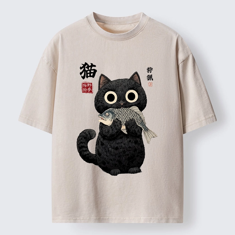 Tokyo-Tiger Black Cat Caught A Big Fish Washed T-Shirt