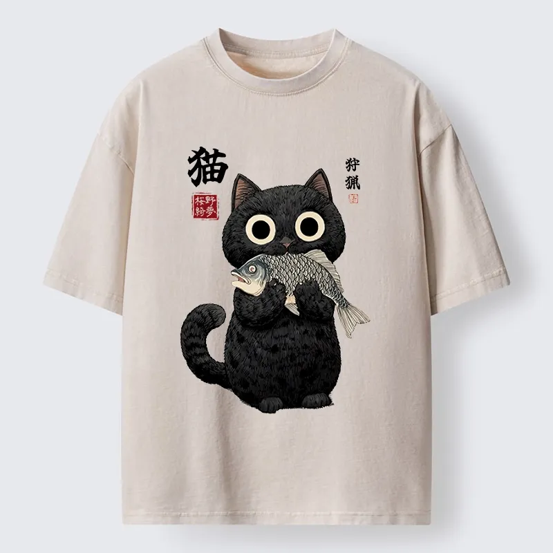 Tokyo-Tiger Black Cat Caught A Big Fish Washed T-Shirt Sale