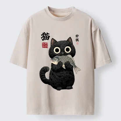 Tokyo-Tiger Black Cat Caught A Big Fish Washed T-Shirt
