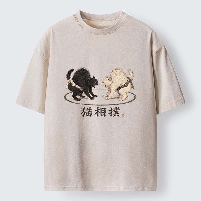Tokyo-Tiger Cat Sumo Battle Funny Meme Washed T-Shirt