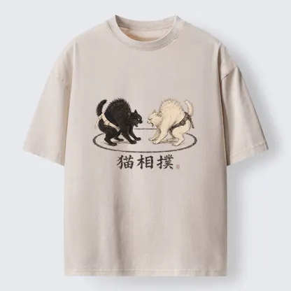 Tokyo-Tiger Cat Sumo Battle Funny Meme Washed T-Shirt