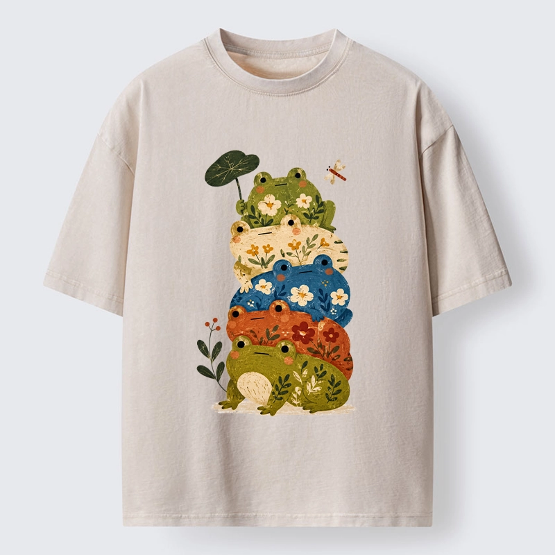 Tokyo-Tiger Funny Frog Stack Meme Cottagecore Vibes Washed T-Shirt