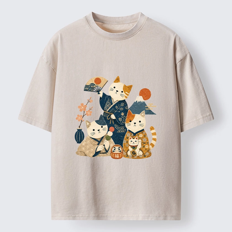 Tokyo-Tiger Lucky Cats Enjoying Traditional Japan Vibes Washed T-Shirt