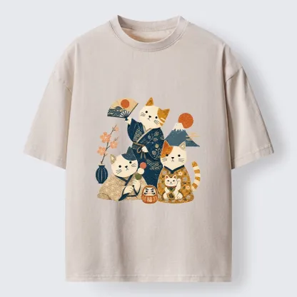 Tokyo-Tiger Lucky Cats Enjoying Traditional Japan Vibes Washed T-Shirt