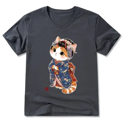 Tokyo-Tiger Cat Dressed As A Geisha Funny V-Neck Classic T-Shirt