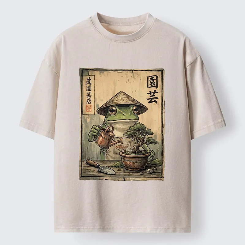 Tokyo-Tiger Frog Takes Good Care Of Bonsai Washed T-Shirt
