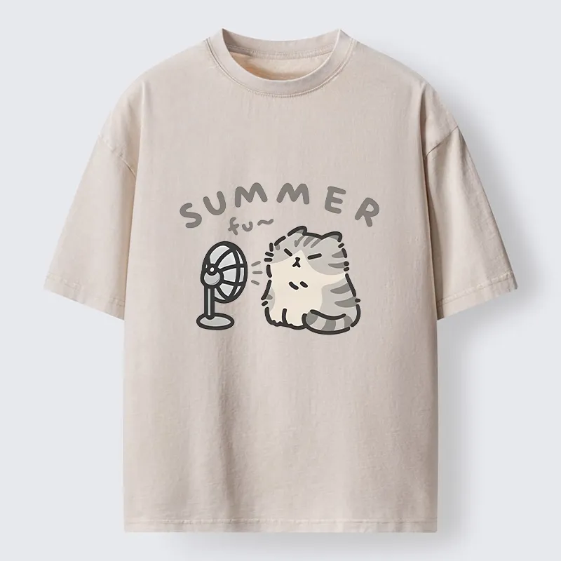 Tokyo-Tiger Summer Cat Chills With A Fan Washed T-Shirt