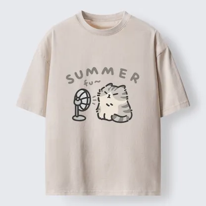 Tokyo-Tiger Summer Cat Chills With A Fan Washed T-Shirt