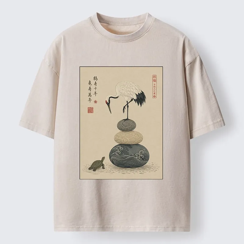 Tokyo-Tiger Turtle And Crane Traditional Art Washed T-Shirt