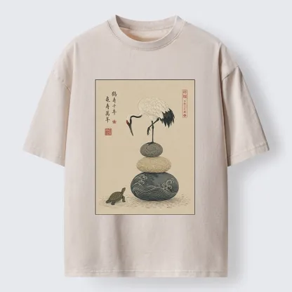 Tokyo-Tiger Turtle And Crane Traditional Art Washed T-Shirt