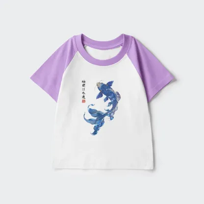 Tokyo-Tiger Lucky Blue Koi Fish Art Kids Raglan T-shirt