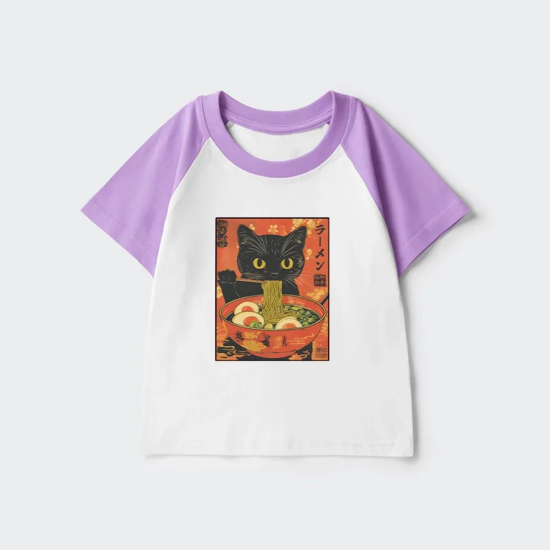 Tokyo-Tiger Hungry Black Cat Loves Ramen Kids Raglan T-shirt