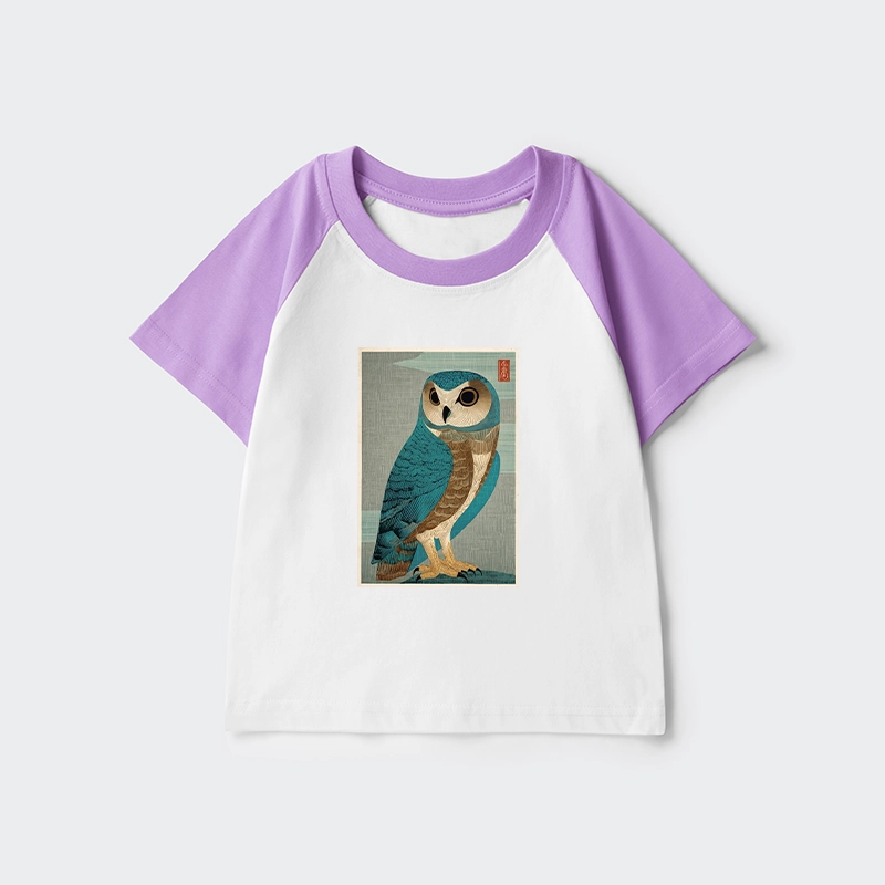 Tokyo-Tiger Vintage Owl Woodblock Art Kids Raglan T-shirt