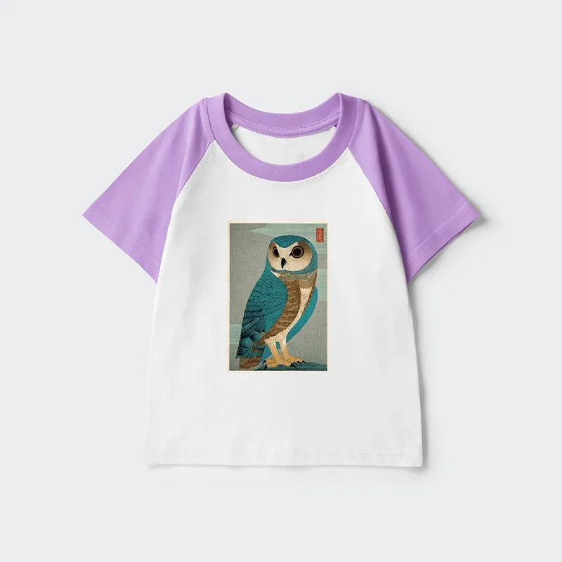 Tokyo-Tiger Vintage Owl Woodblock Art Kids Raglan T-shirt