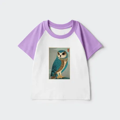 Tokyo-Tiger Vintage Owl Woodblock Art Kids Raglan T-shirt
