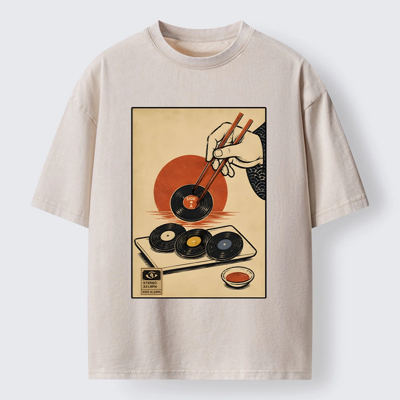 Tokyo-Tiger Chopsticks And Vinyl Sushi Art Washed T-Shirt