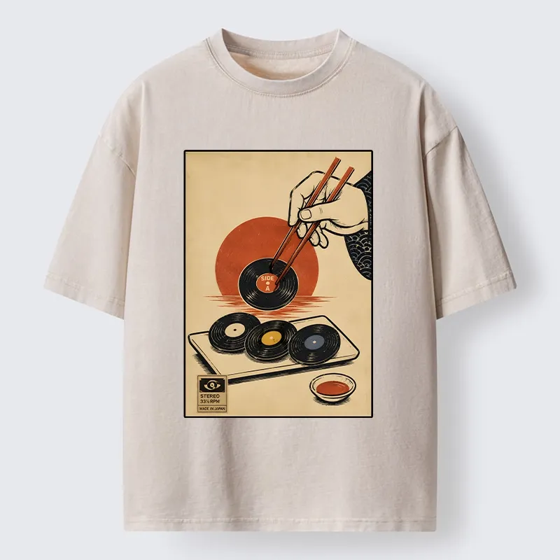 Tokyo-Tiger Chopsticks And Vinyl Sushi Art Washed T-Shirt
