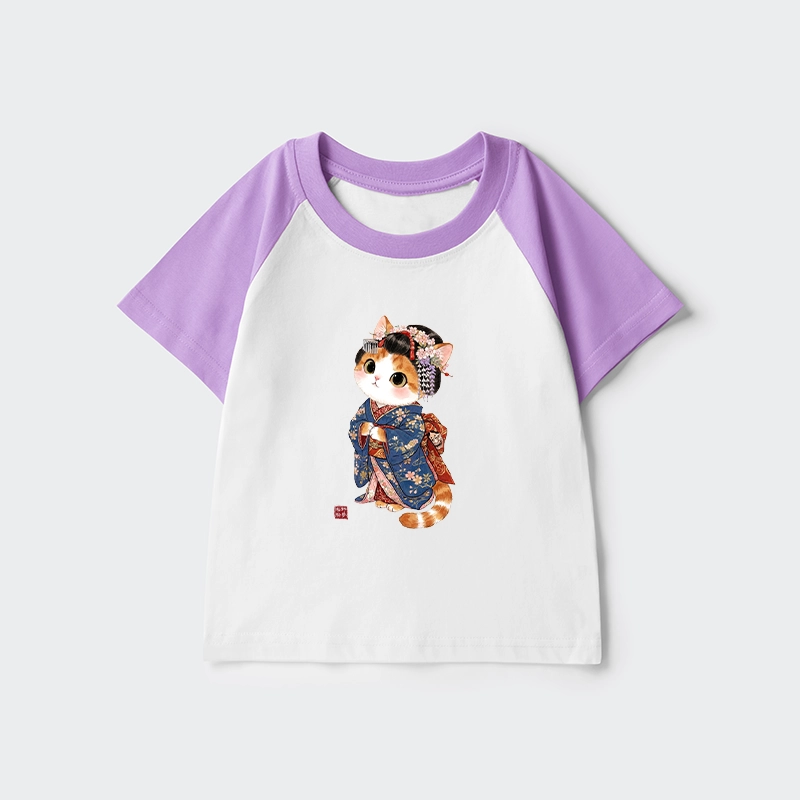 Tokyo-Tiger Cat Dressed As A Geisha Funny Kids Raglan T-shirt