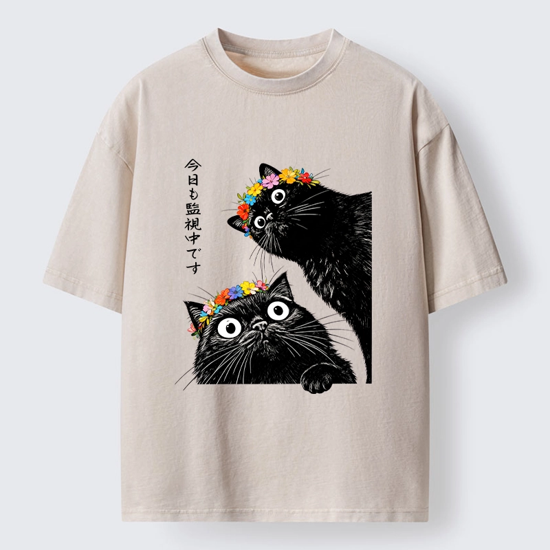 Tokyo-Tiger Flower Crown Black Cat Washed T-Shirt