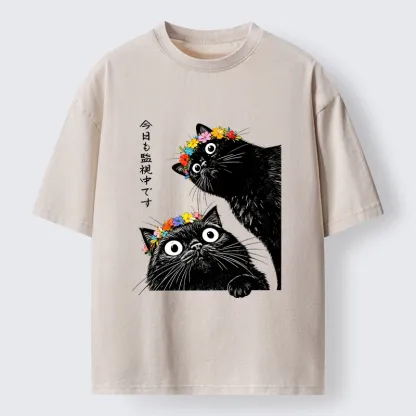 Tokyo-Tiger Flower Crown Black Cat Washed T-Shirt