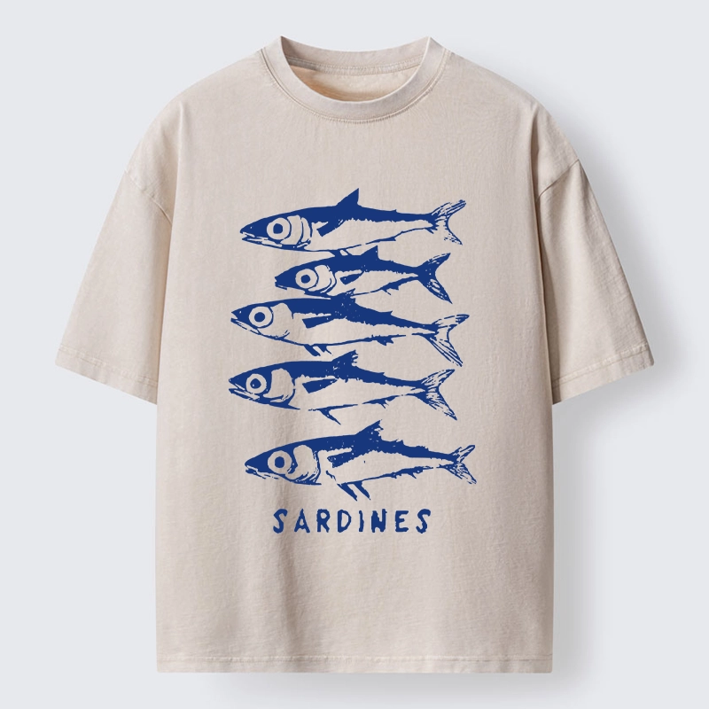 Tokyo-Tiger Blue And White Sardines Linocut Art Washed T-Shirt