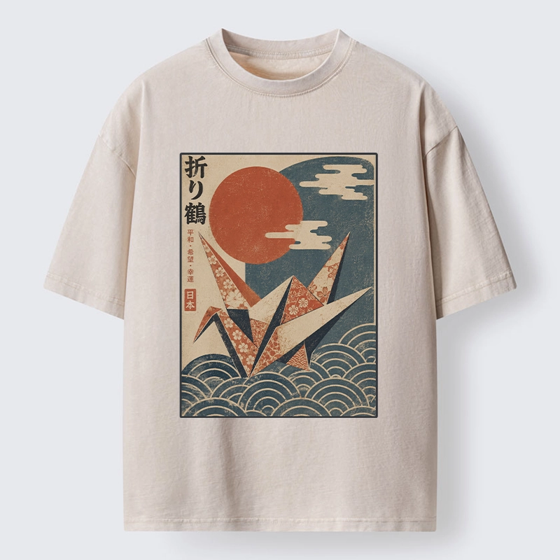 Tokyo-Tiger Japanese Origami Crane Vintage Print Washed T-Shirt