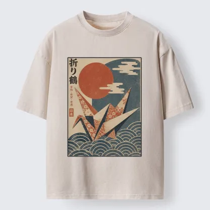 Tokyo-Tiger Japanese Origami Crane Vintage Print Washed T-Shirt