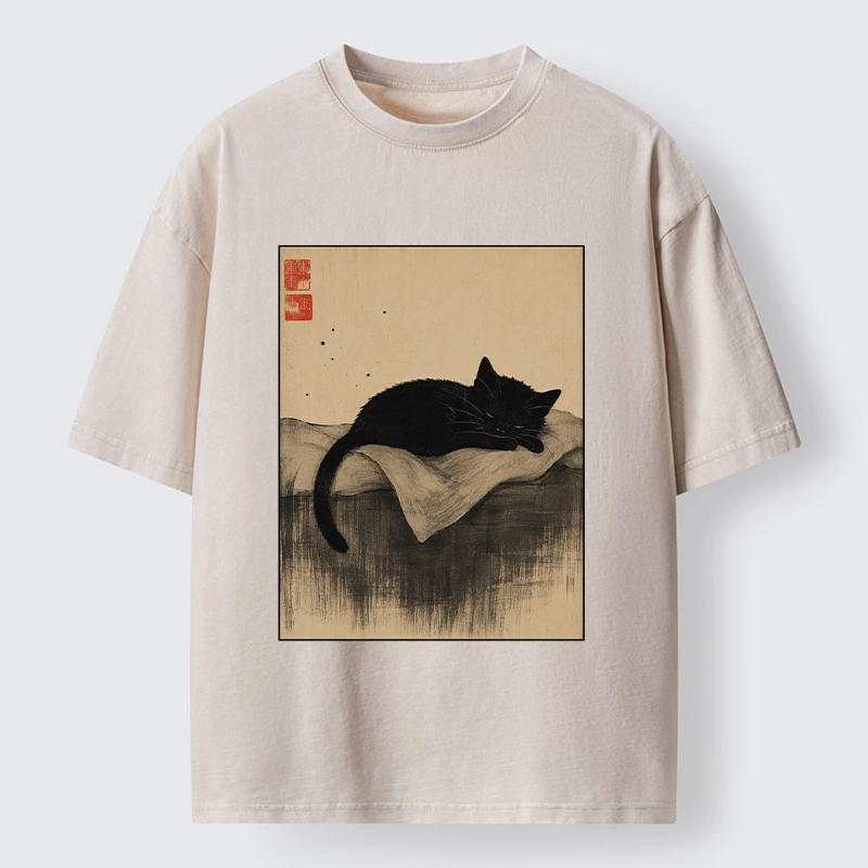 Tokyo-Tiger Sleeping Black Cat In Ink Wash Style Washed T-Shirt