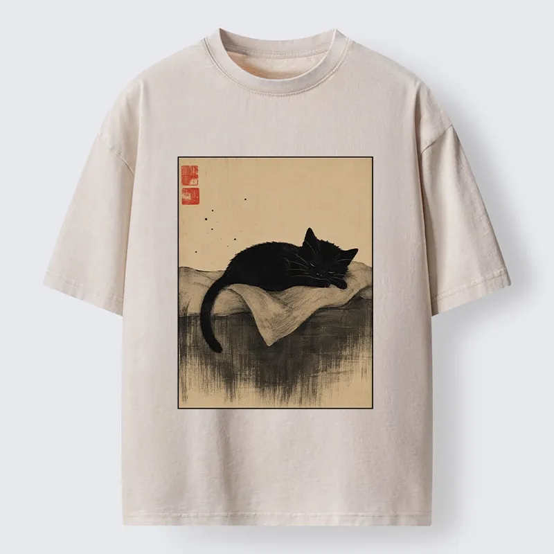 Tokyo-Tiger Sleeping Black Cat In Ink Wash Style Washed T-Shirt Sale