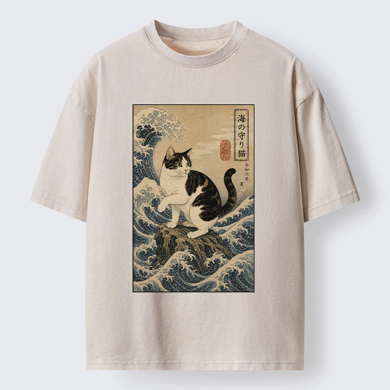 Tokyo-Tiger Sea Guardian Cat In Great Wave Art Washed T-Shirt