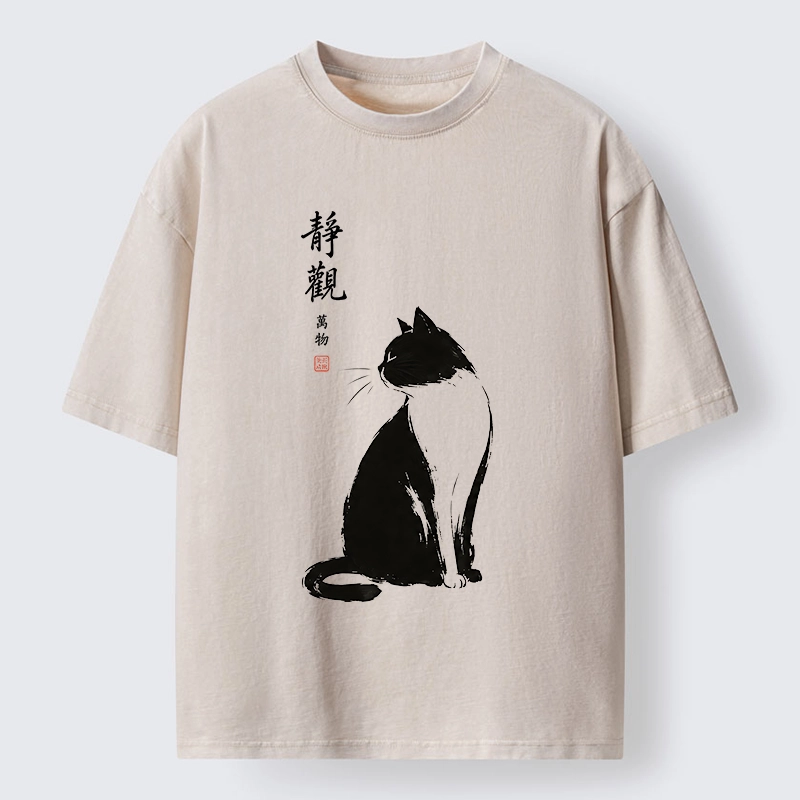 Tokyo-Tiger Calm Black And White Cat Washed T-Shirt
