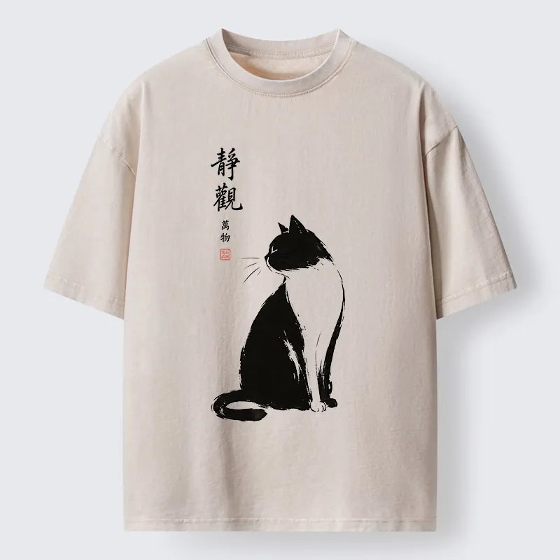Tokyo-Tiger Calm Black And White Cat Washed T-Shirt
